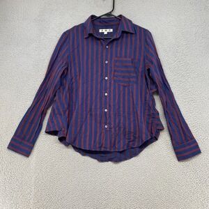 AMO Top Womens Small Ruffle Back Anthropologie USA Made Striped Blue Red Office